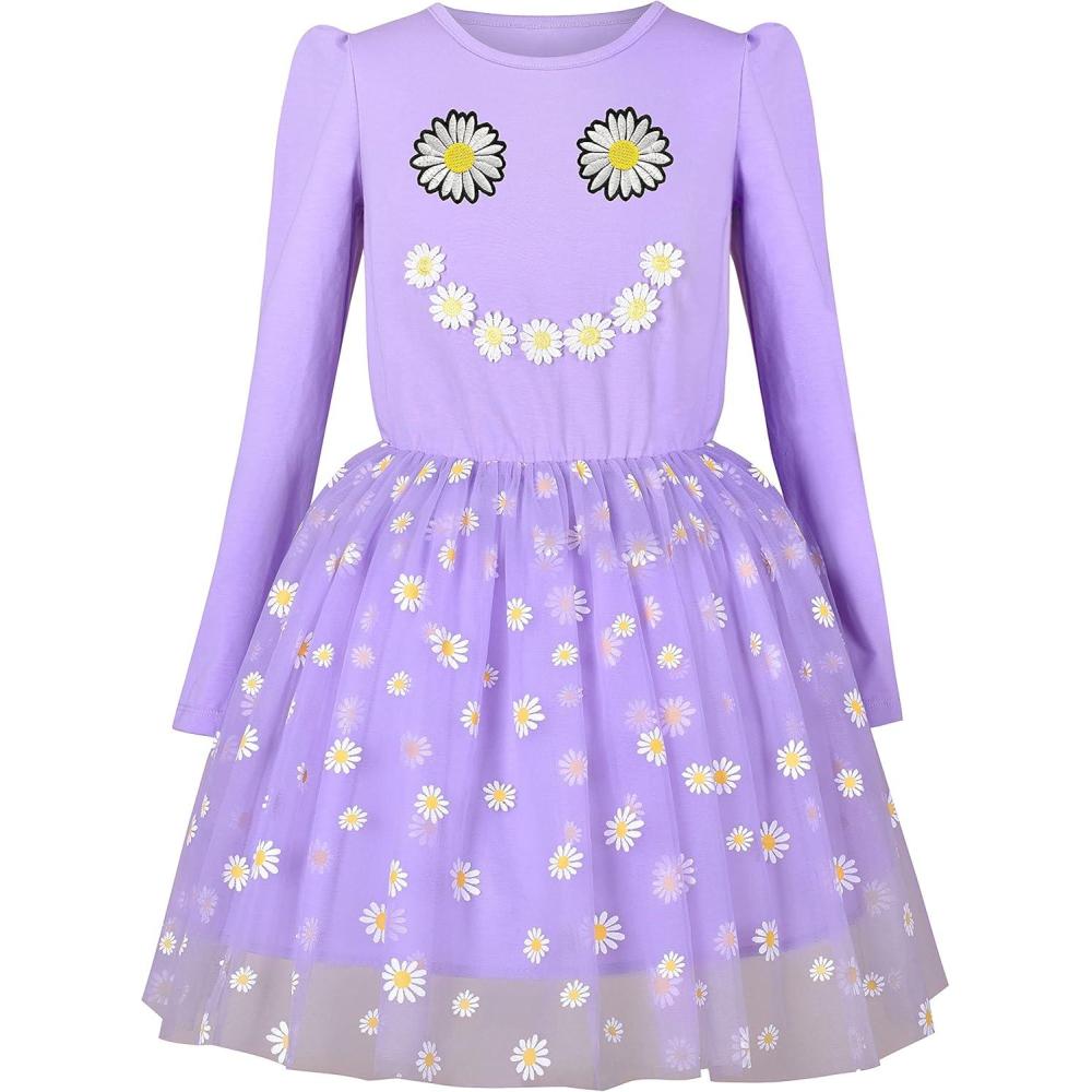 imageSunny Fashion Girls Dress Daisy Embroidered Long Sleeve Purple Party Dress SmilePurple Sunflower