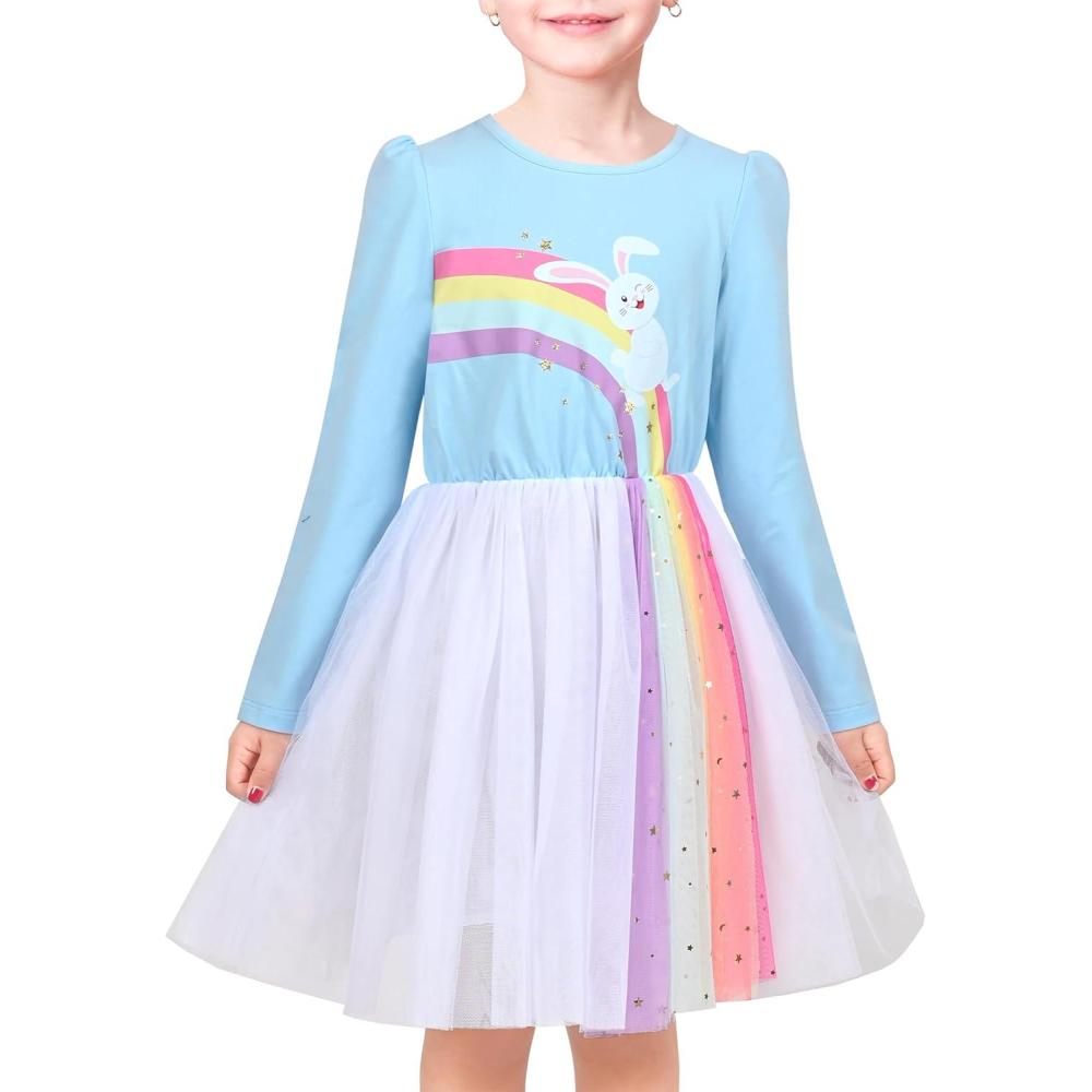imageSunny Fashion Girls Dress Daisy Embroidered Long Sleeve Purple Party Dress SmileRainbow Sky Blue