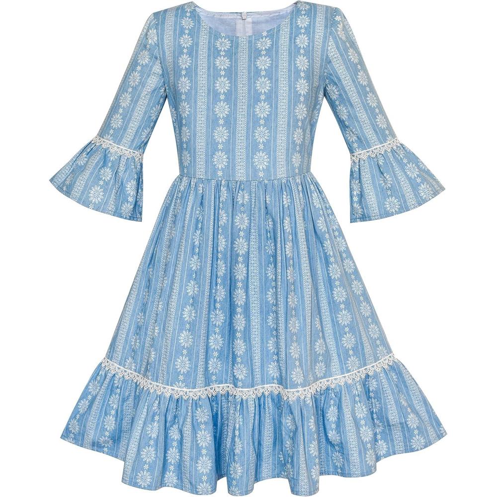 imageSunny Fashion Girls Dress Denim Blue Bell Sleeve Ruffled Skirt Easter Dress