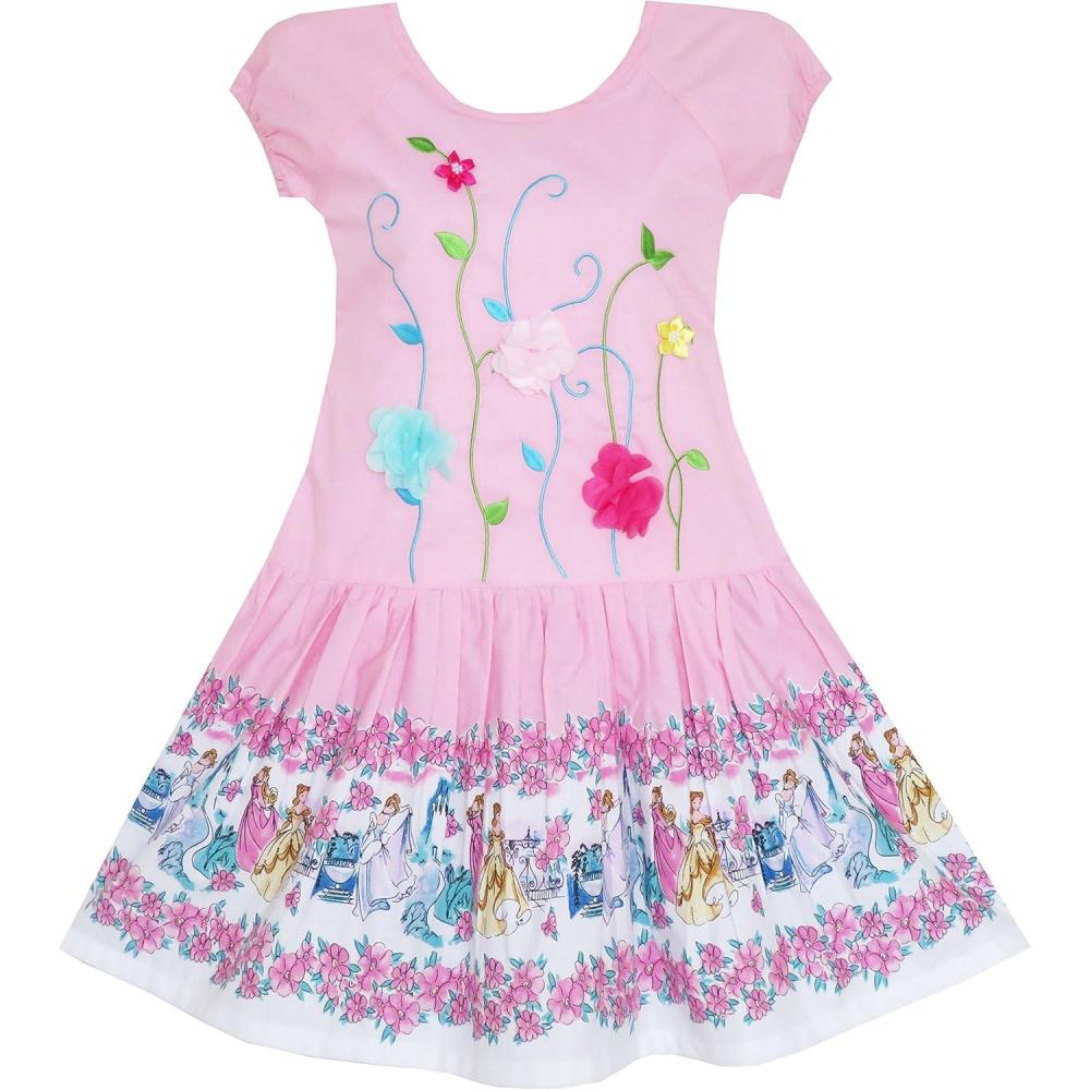 imageSunny Fashion Girls Dress Embroidered Leaves Flower ONeck Cotton Pink