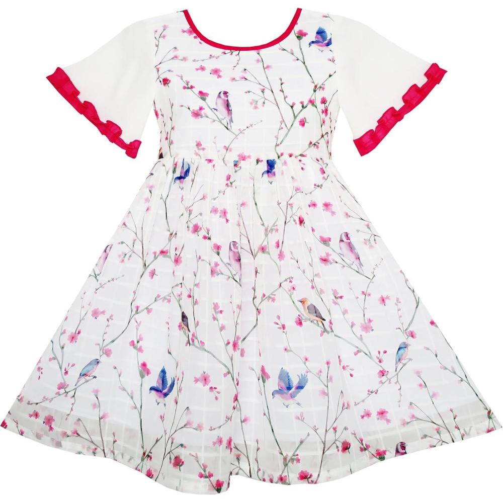 imageSunny Fashion Girls Dress Flutter Sleeve Birds Print Princess Size 714
