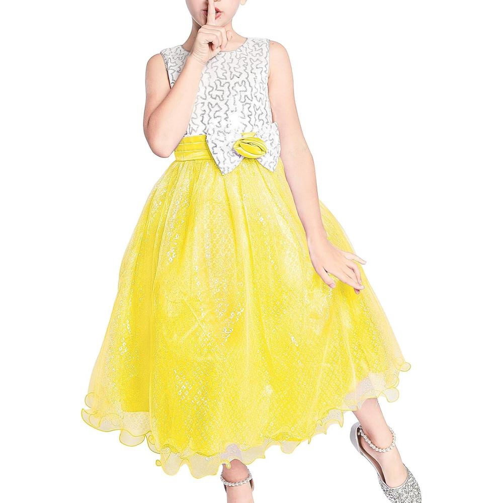 imageSunny Fashion Girls Dress Glitter Sequin Wedding Bridesmaid Pageant Size 414Yellow