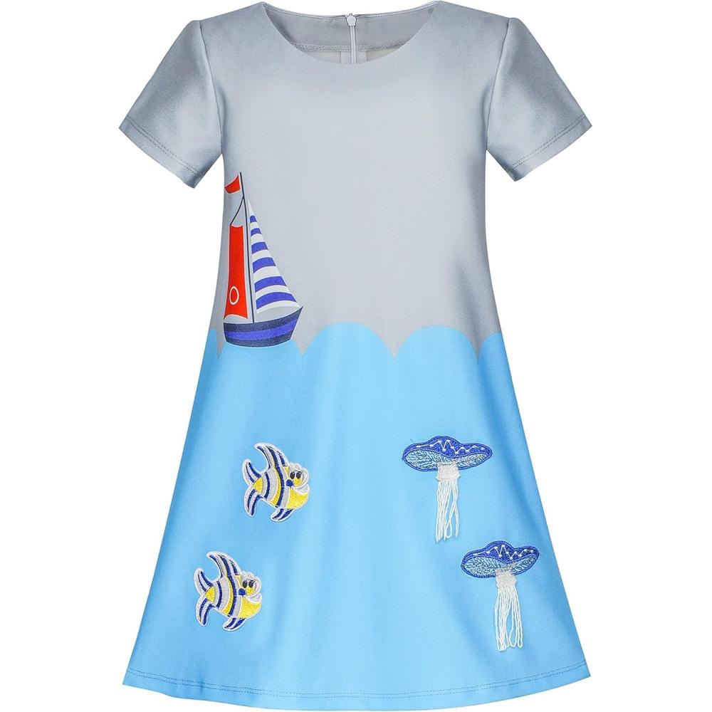 imageSunny Fashion Girls Dress Gray Blue Embroidered Jellyfish Clownfish Aline Dress