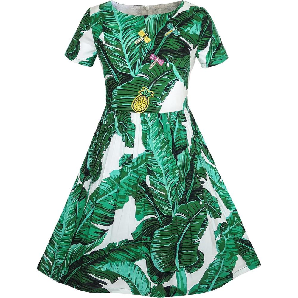 imageSunny Fashion Girls Dress Green Leaf Print Pineapple Dragonfly Size 510