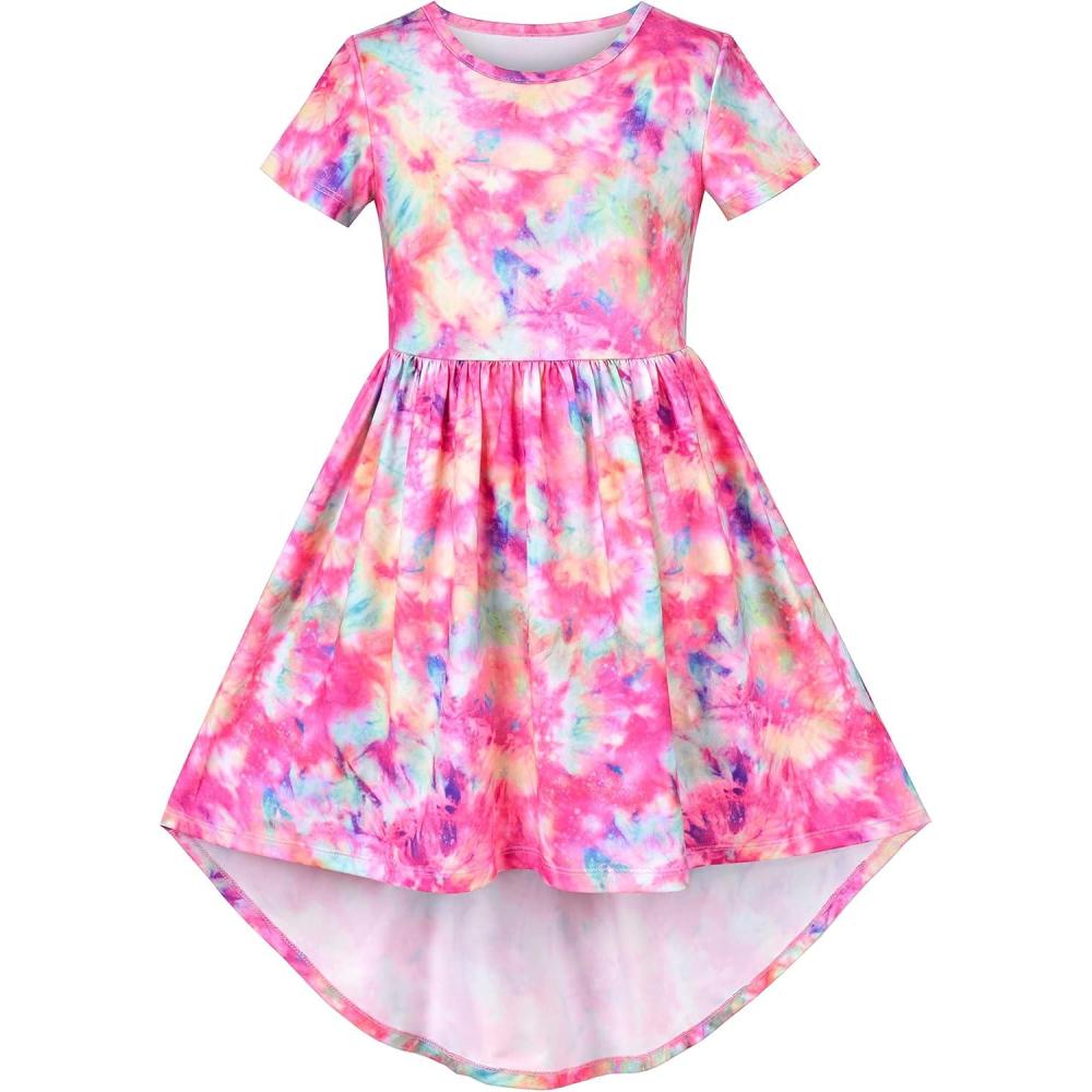 imageSunny Fashion Girls Dress HighLow Fairy Hem Tiedye Style Casual Short SleeveColorful Pink