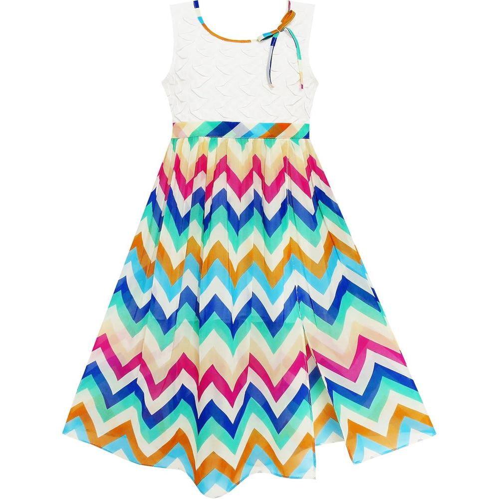 imageSunny Fashion Girls Dress Lace Bodice Multicolor Wave Rainbow Striped Size 714