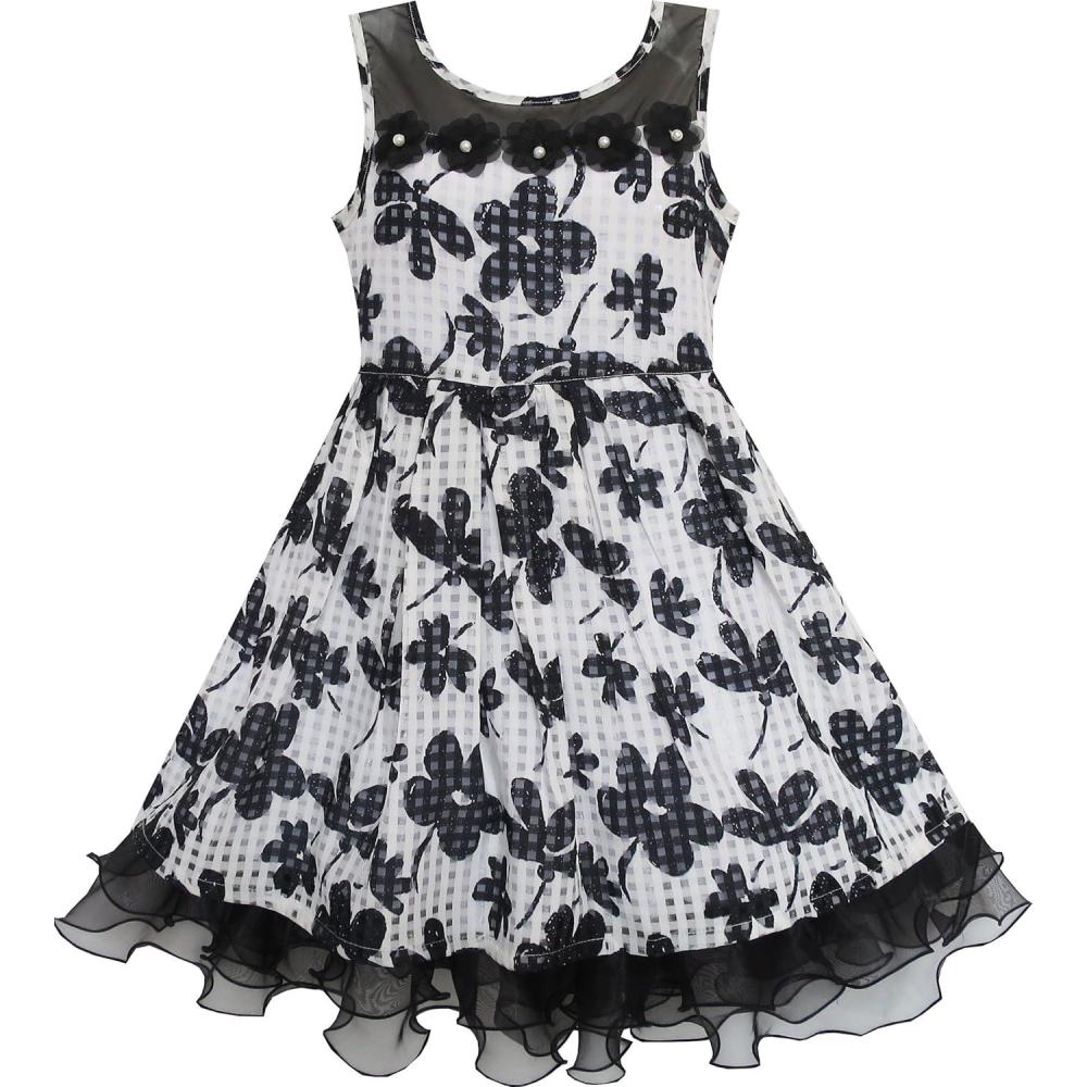 imageSunny Fashion Girls Dress Lace Tulle Flower Transparent Shoulder Black