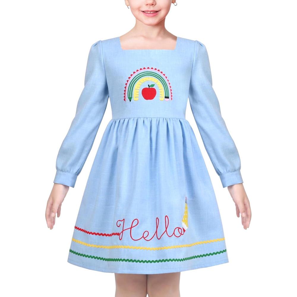 imageSunny Fashion Girls Dress Pink Flower Long Sleeve Cotton Casual Dress Size 48Blue Apple