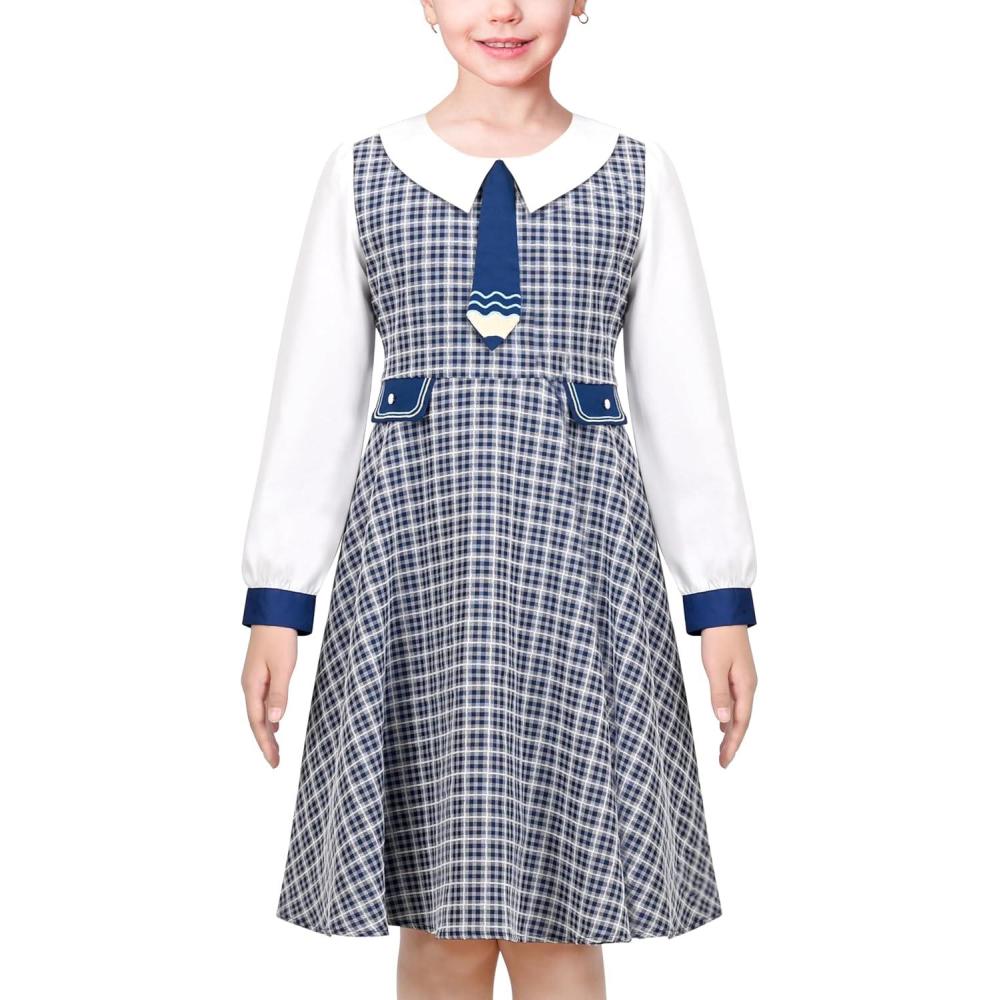imageSunny Fashion Girls Dress Pink Flower Long Sleeve Cotton Casual Dress Size 48Blue Plaid