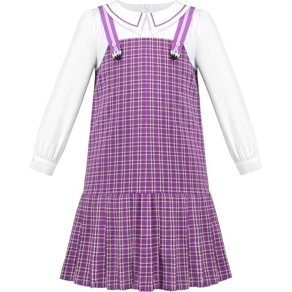 imageSunny Fashion Girls Dress Pink Flower Long Sleeve Cotton Casual Dress Size 48Purple Plaid