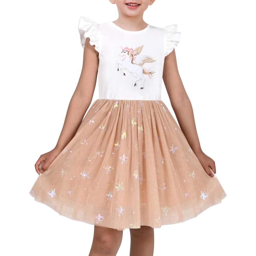 imageSunny Fashion Girls Dress Pink Sequin Wedding HiLow Tulle Skirt Tutu Flutter SleeveBeige Unicorn