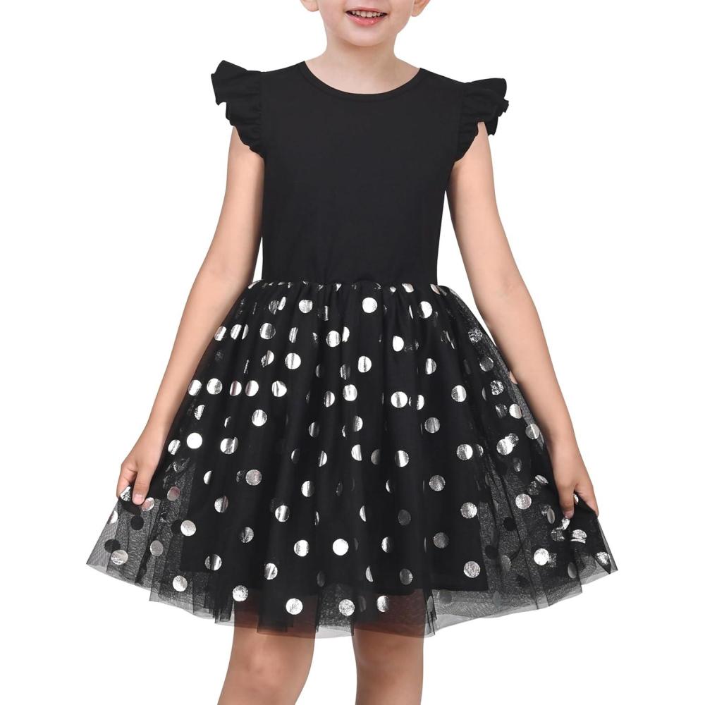 imageSunny Fashion Girls Dress Pink Sequin Wedding HiLow Tulle Skirt Tutu Flutter SleeveBlack Dot