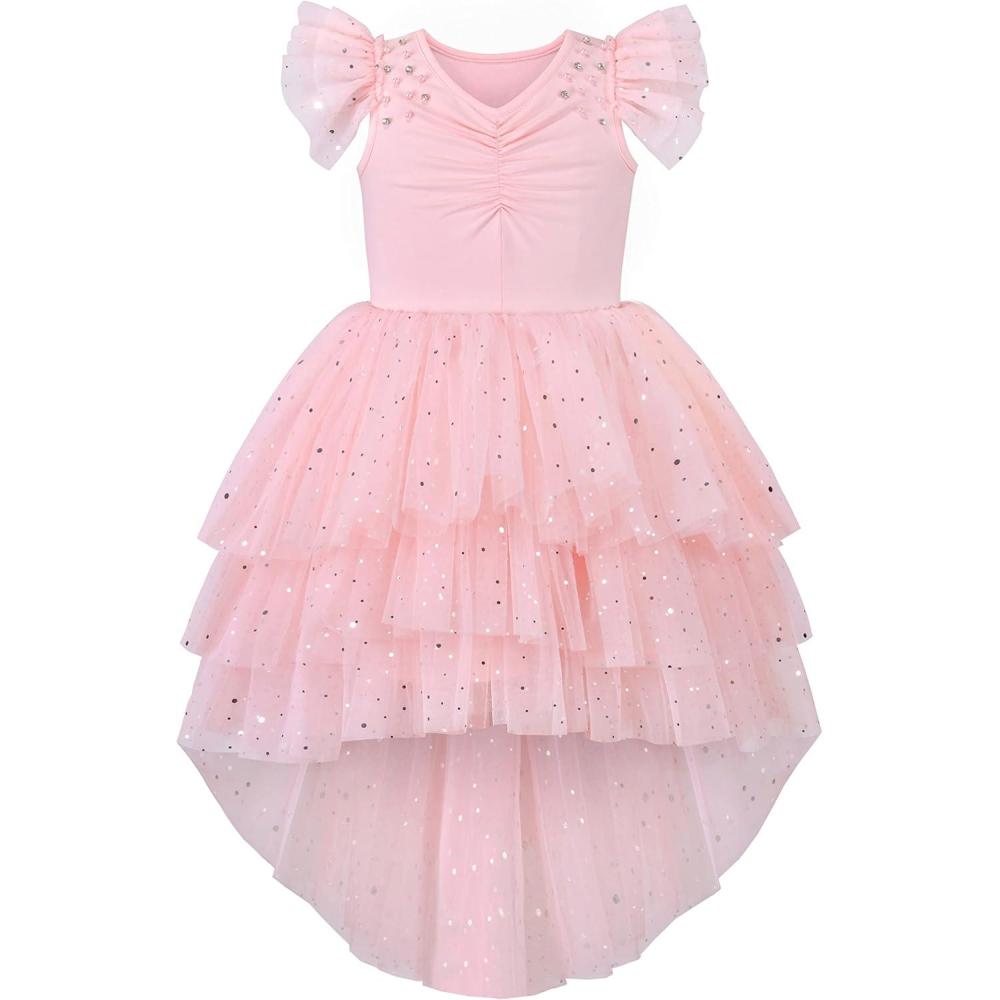 imageSunny Fashion Girls Dress Pink Sequin Wedding HiLow Tulle Skirt Tutu Flutter SleeveLight Pink