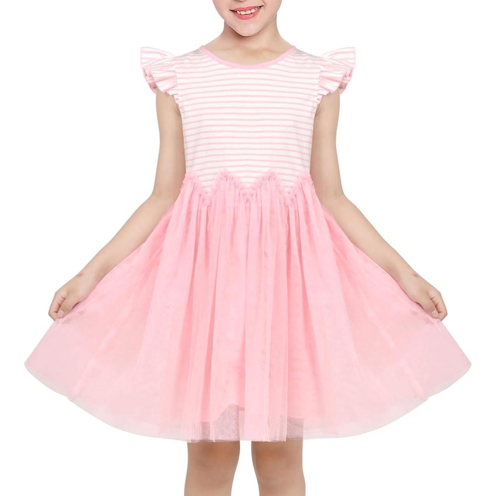 imageSunny Fashion Girls Dress Pink Sequin Wedding HiLow Tulle Skirt Tutu Flutter SleeveLight Pink Striped