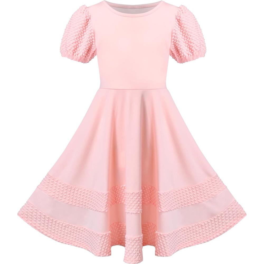 imageSunny Fashion Girls Dress Pink Solid Aline Vintage Puff Sleeve Spring SummerPink