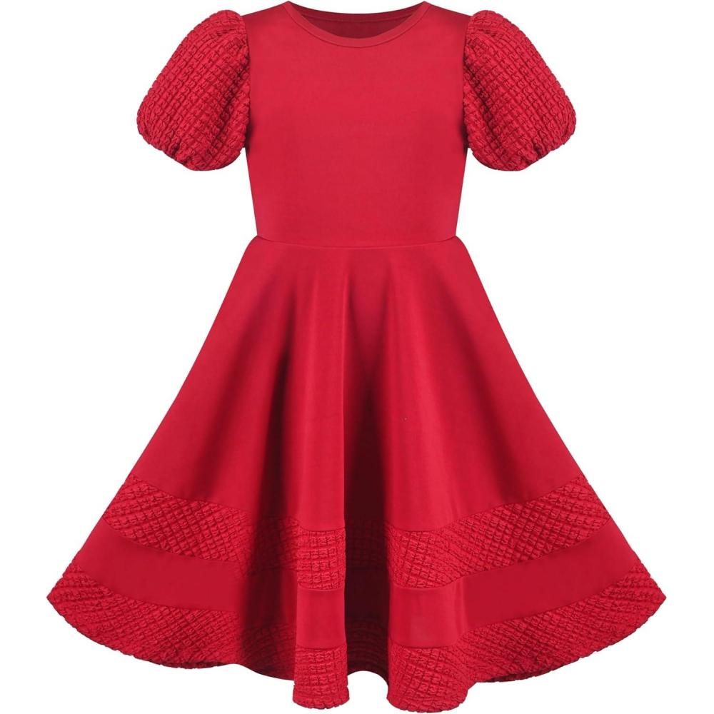 imageSunny Fashion Girls Dress Pink Solid Aline Vintage Puff Sleeve Spring SummerRed