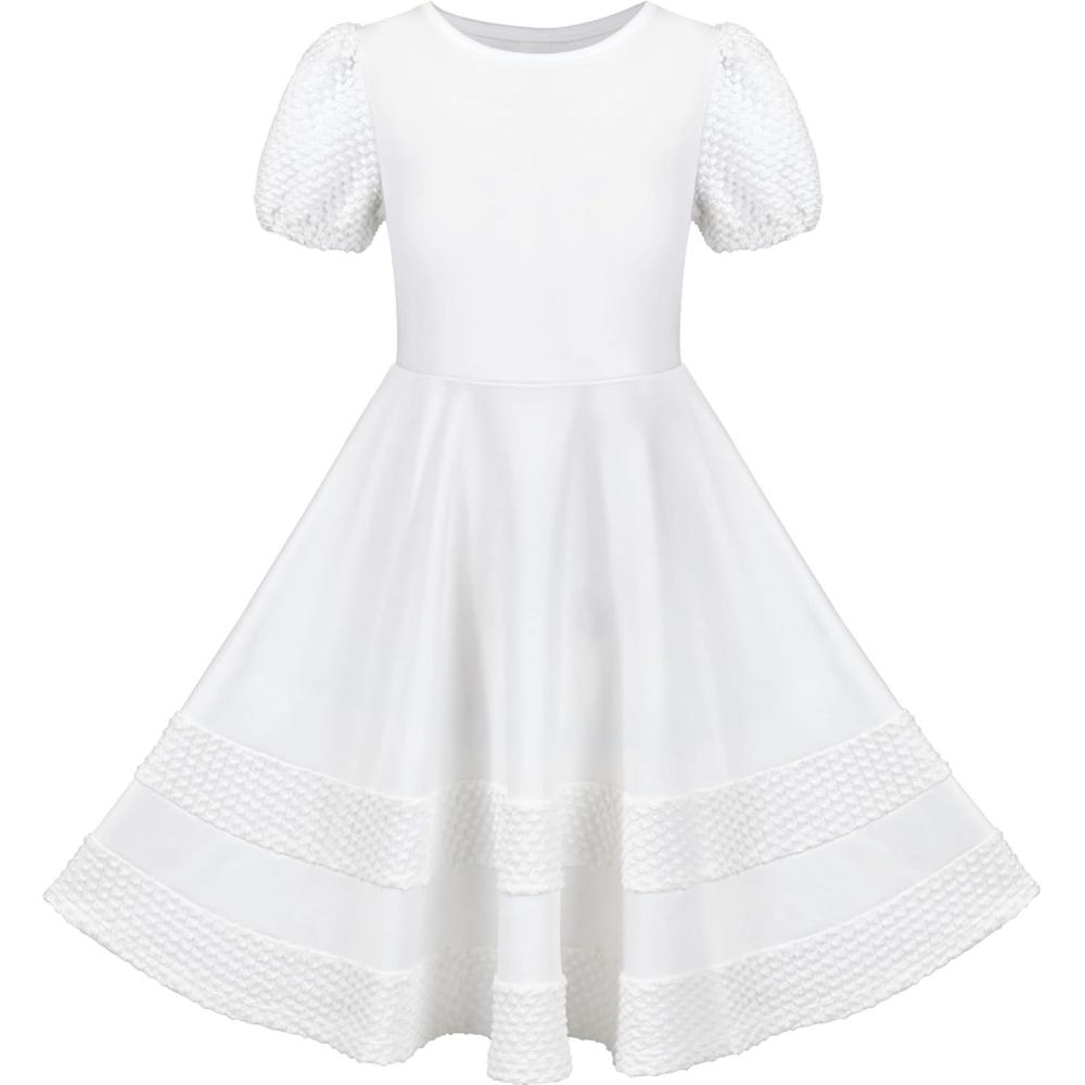 imageSunny Fashion Girls Dress Pink Solid Aline Vintage Puff Sleeve Spring SummerWhite