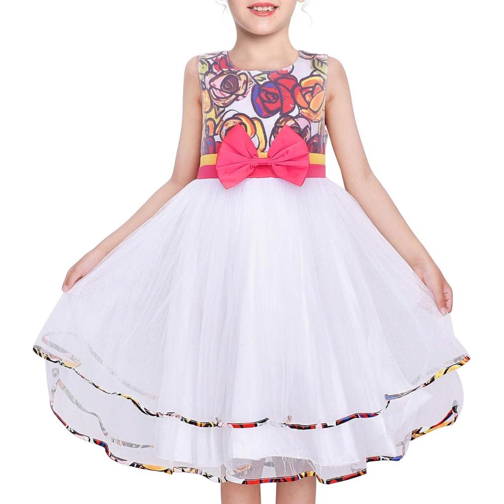 imageSunny Fashion Girls Dress Purple Flower White Tulle Pleated Wedding PartyFloral White