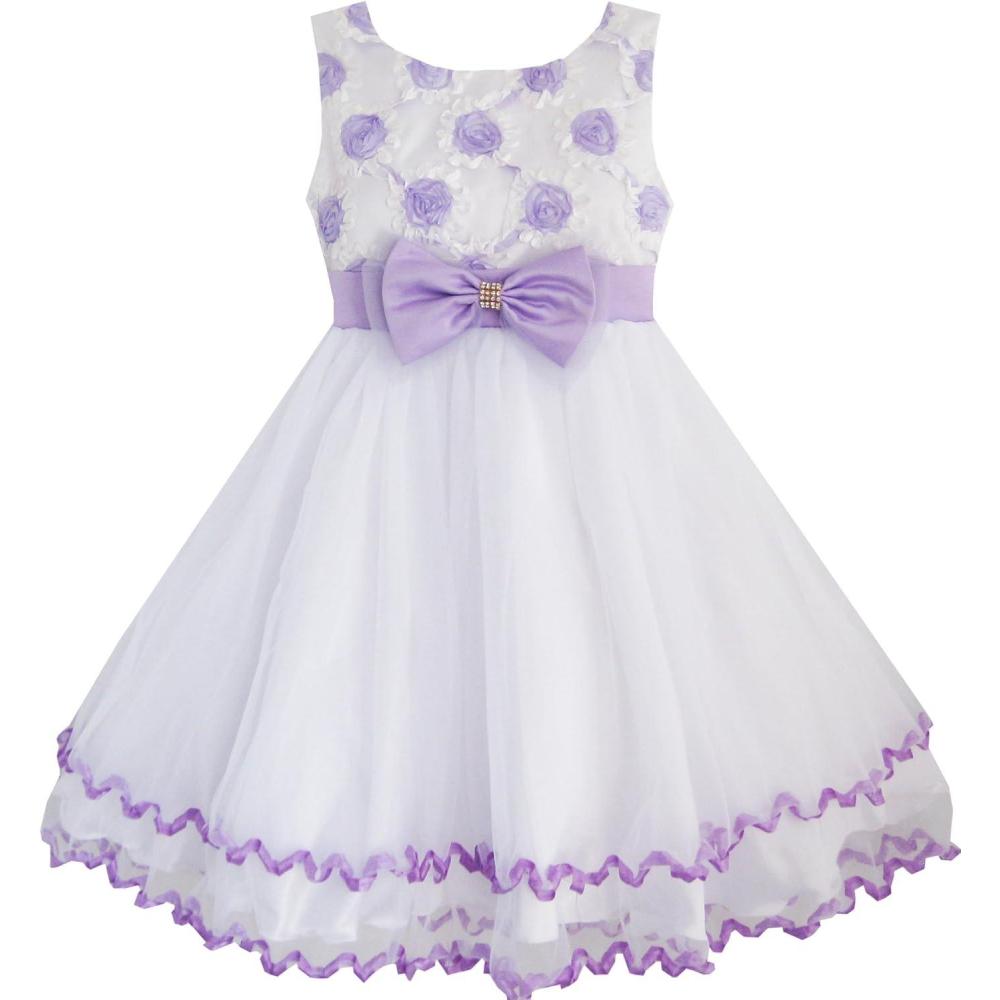 imageSunny Fashion Girls Dress Purple Flower White Tulle Pleated Wedding PartyPurple