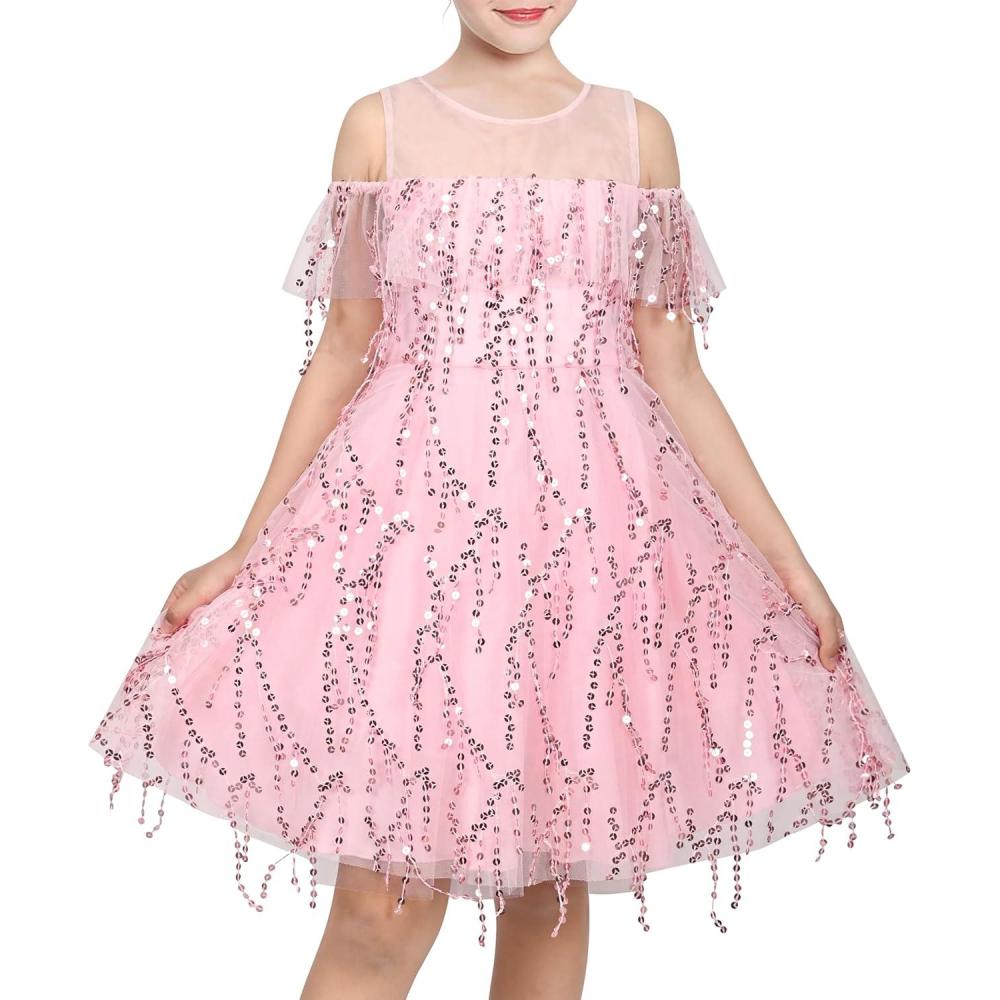 imageSunny Fashion Girls Dress Purple Off Shoulder HiLow Skirt Bridesmaid Size 714Pink Sequin