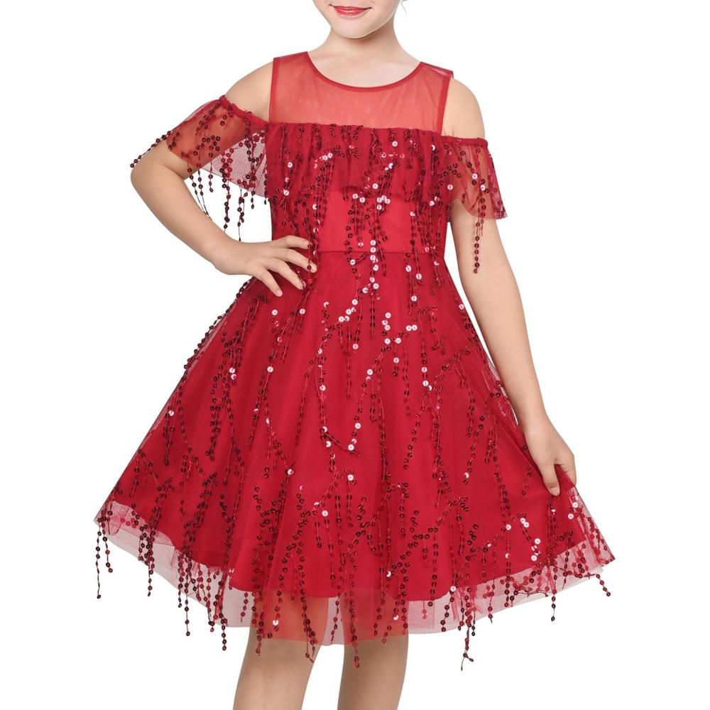 imageSunny Fashion Girls Dress Purple Off Shoulder HiLow Skirt Bridesmaid Size 714Red Sequin