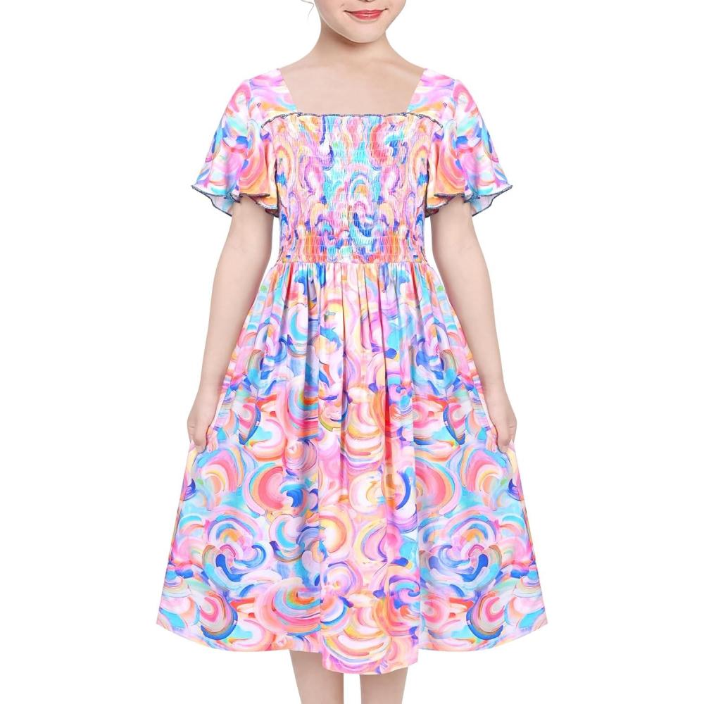 imageSunny Fashion Girls Dress Rainbow Colorful Swirl Tie Dye Ruffle Square Neck CasualBlue Rainbow