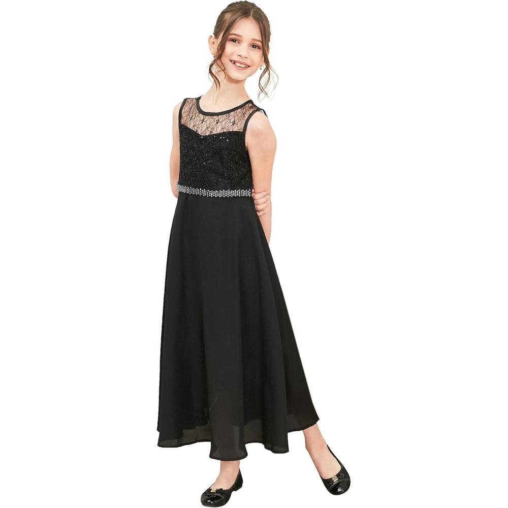 imageSunny Fashion Girls Dress Rhinestone Chiffon Bridesmaid Dance Ball Maxi GownBlack