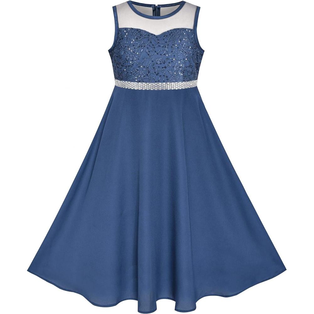 imageSunny Fashion Girls Dress Rhinestone Chiffon Bridesmaid Dance Ball Maxi GownClassic Blue