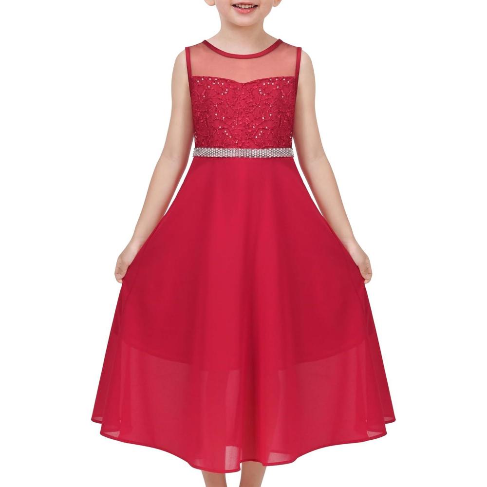 imageSunny Fashion Girls Dress Rhinestone Chiffon Bridesmaid Dance Ball Maxi GownDark Red