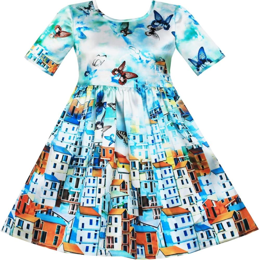 imageSunny Fashion Girls Dress Satin Blue Sky City Building Print