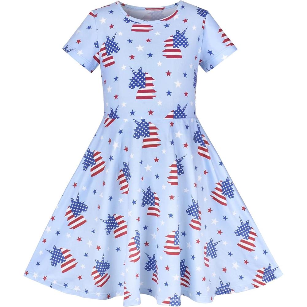 imageSunny Fashion Girls Dress Short Sleeve Casual Summer SundressBlue Flag