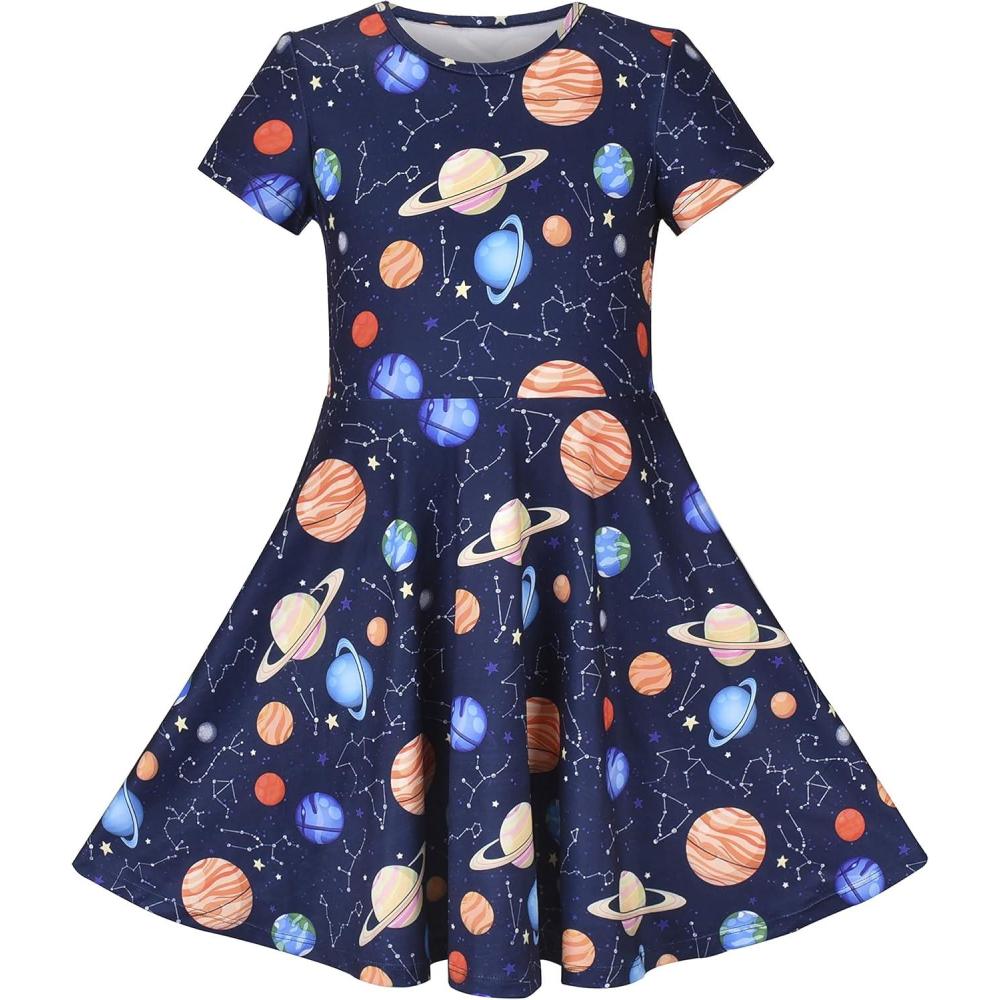 imageSunny Fashion Girls Dress Short Sleeve Casual Summer SundressBlue Planets