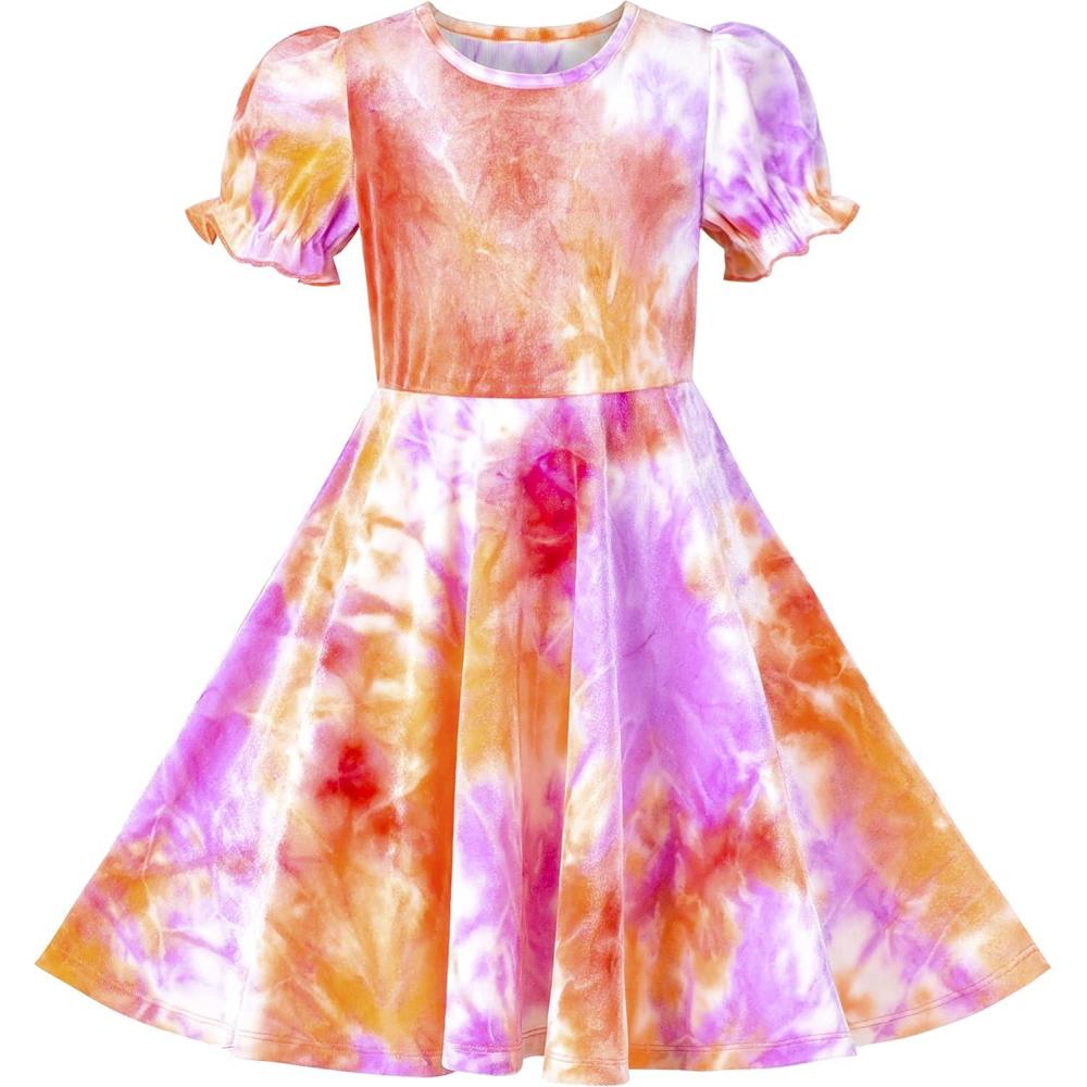 imageSunny Fashion Girls Dress Short Sleeve Casual Summer SundressPurple Tie Dye