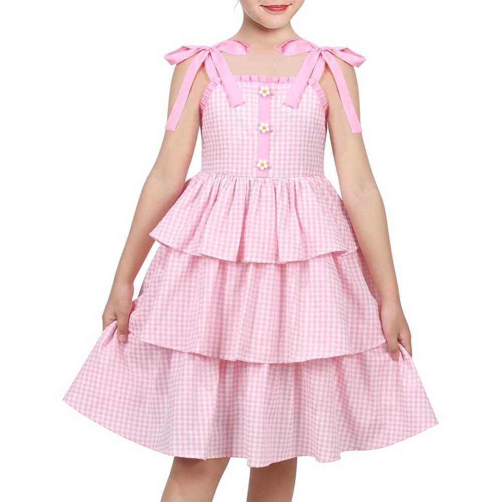 imageSunny Fashion Girls Dress Spaghetti Gingham Ruffle Light Yellow Plaid CasualPink