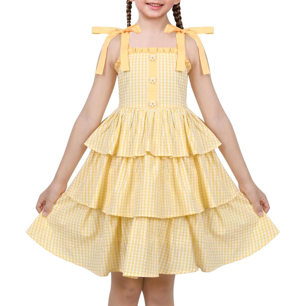 imageSunny Fashion Girls Dress Spaghetti Gingham Ruffle Light Yellow Plaid CasualYellow