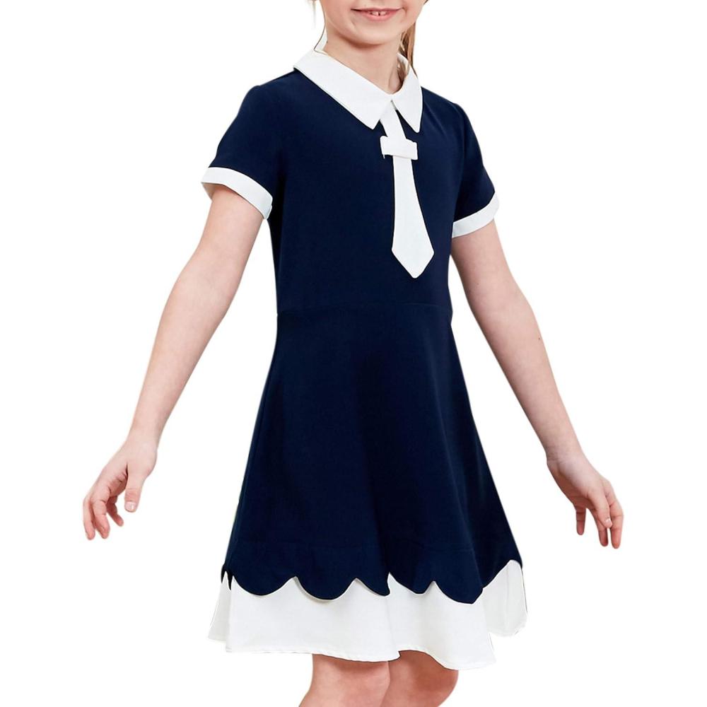 imageSunny Fashion Girls Dress Swing School Bow Tie Sailor Collar Short SleeveBlue