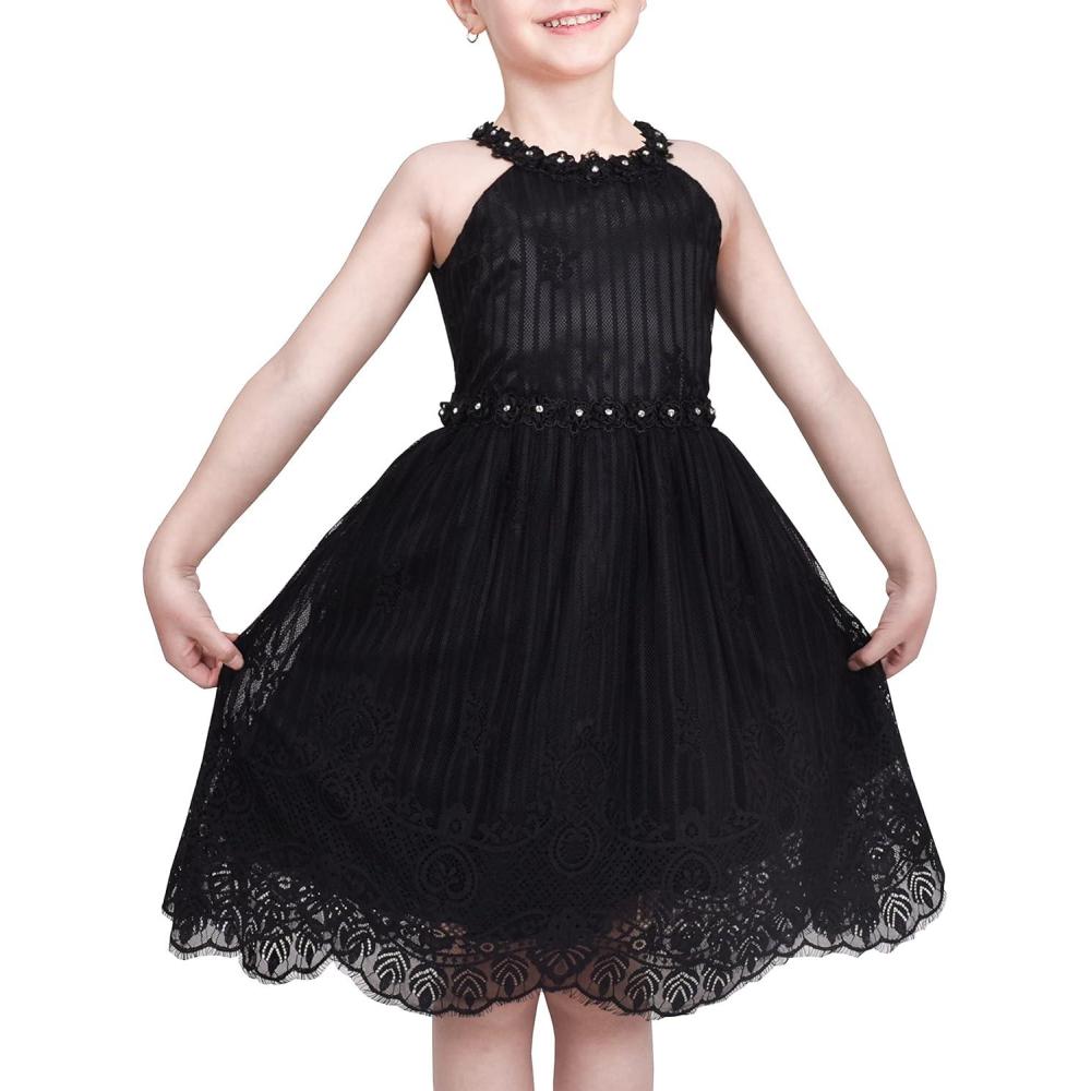 imageSunny Fashion Girls Dress Turquoise Embroidered Halter Dress PartyBlack