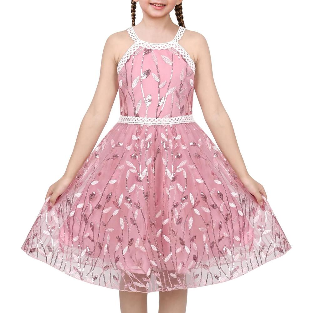 imageSunny Fashion Girls Dress Turquoise Embroidered Halter Dress PartyPink Leaf