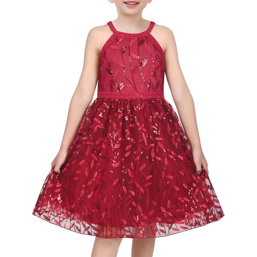 imageSunny Fashion Girls Dress Turquoise Embroidered Halter Dress PartyRed Leaves