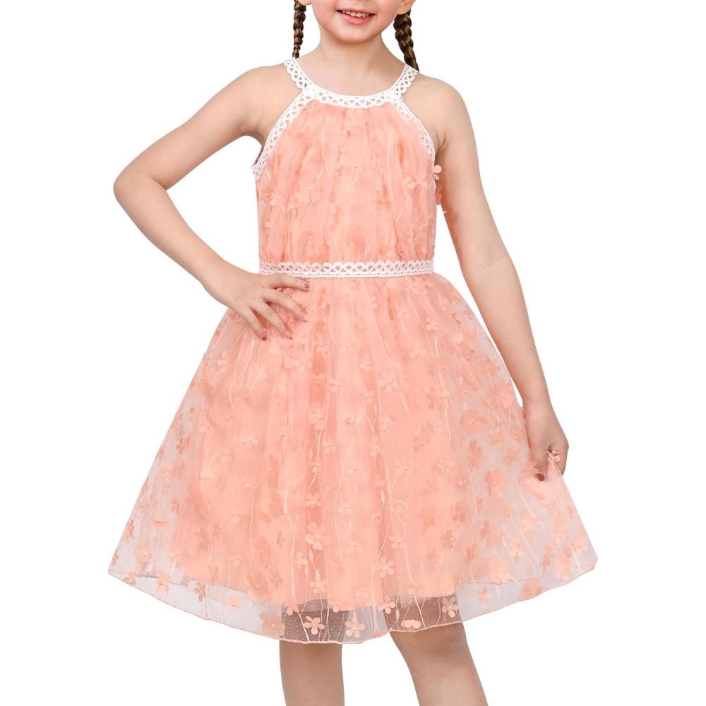 imageSunny Fashion Girls Dress Turquoise Embroidered Halter Dress PartySalmon Pink