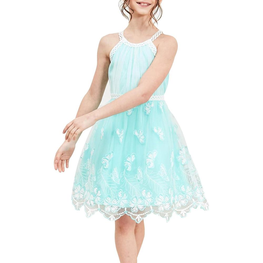 imageSunny Fashion Girls Dress Turquoise Embroidered Halter Dress PartyTurquoise