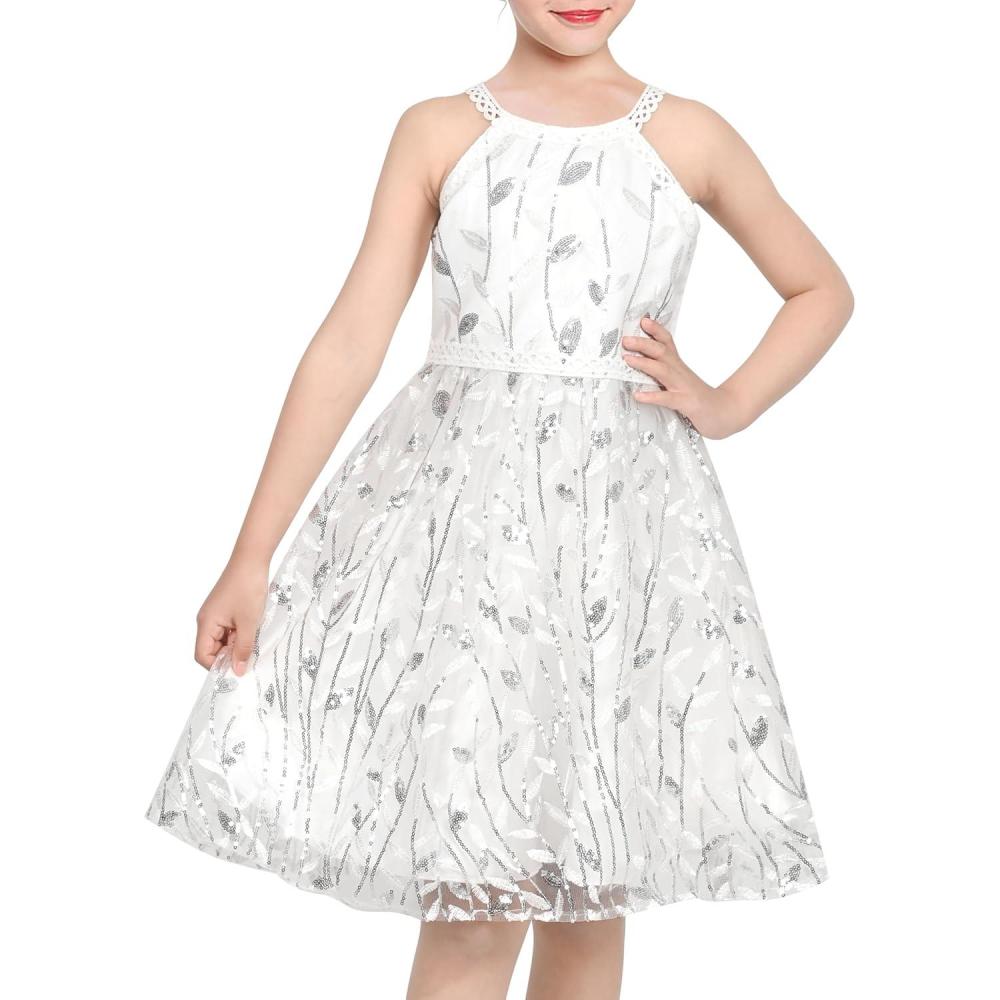 imageSunny Fashion Girls Dress Turquoise Embroidered Halter Dress PartyWhite Leaf