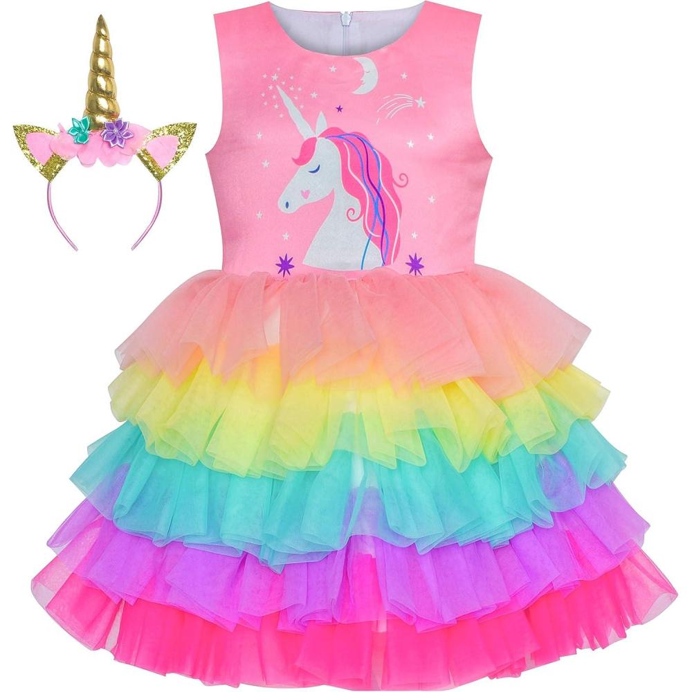 imageSunny Fashion Girls Dress Unicorn Rainbow Tulle Unicorn Headband Party Size 410Pink Rainbow Set