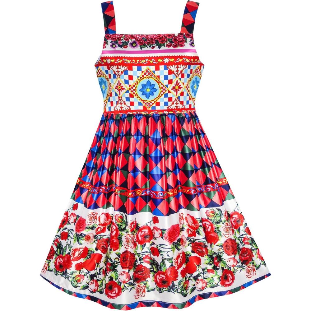 imageSunny Fashion Girls Dress Vintage Flower Print Fit and Flare Birthday Dress