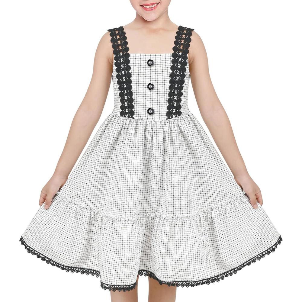 imageSunny Fashion Girls Dress White Black Plaid 1950s Vintage Strap Sleeveless CasualBlack