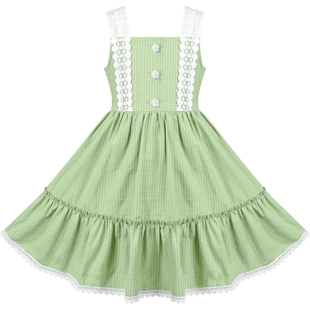 imageSunny Fashion Girls Dress White Black Plaid 1950s Vintage Strap Sleeveless CasualGreen