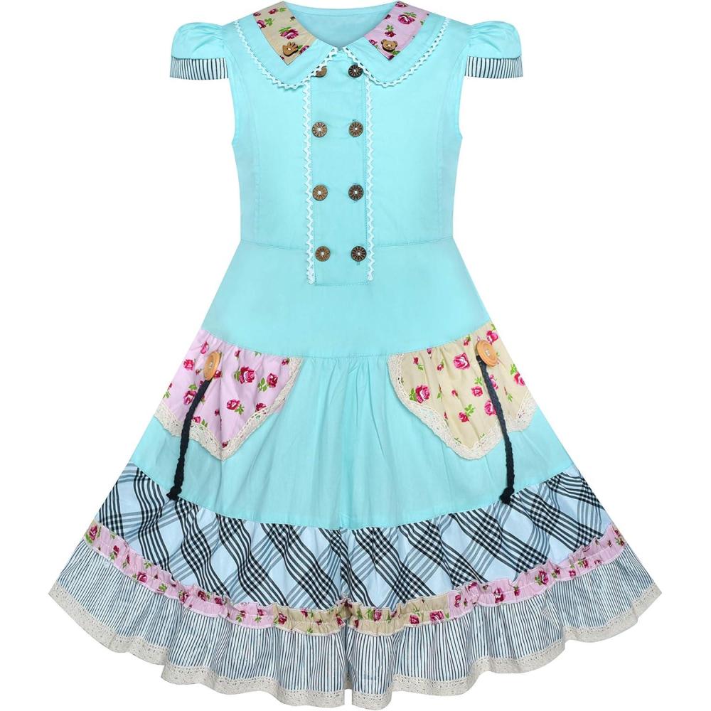 imageSunny Fashion Girls Dress White Button Casual Short Sleeve Everyday Size 614Blue