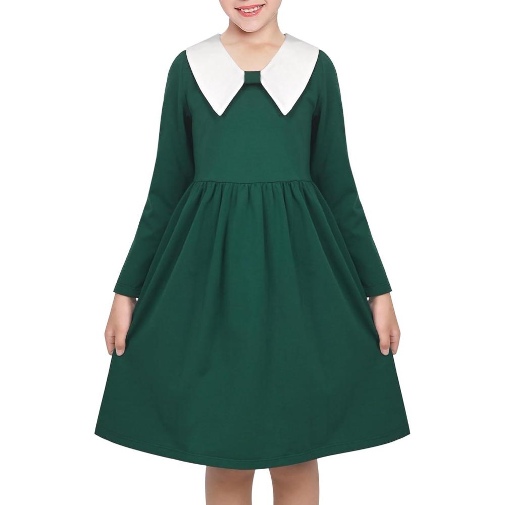 imageSunny Fashion Girls Dress White Collar Long Sleeve Daily Cozy Cotton Casual Dress Size 510Christmas Green