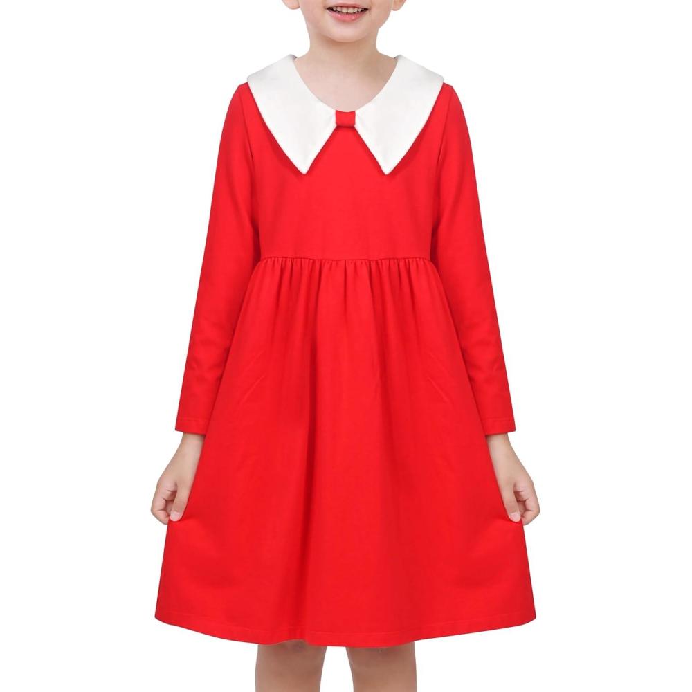 imageSunny Fashion Girls Dress White Collar Long Sleeve Daily Cozy Cotton Casual Dress Size 510Christmas Red