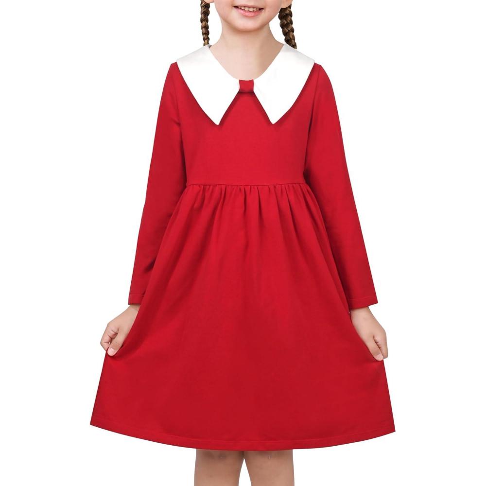 imageSunny Fashion Girls Dress White Collar Long Sleeve Daily Cozy Cotton Casual Dress Size 510Dark Red